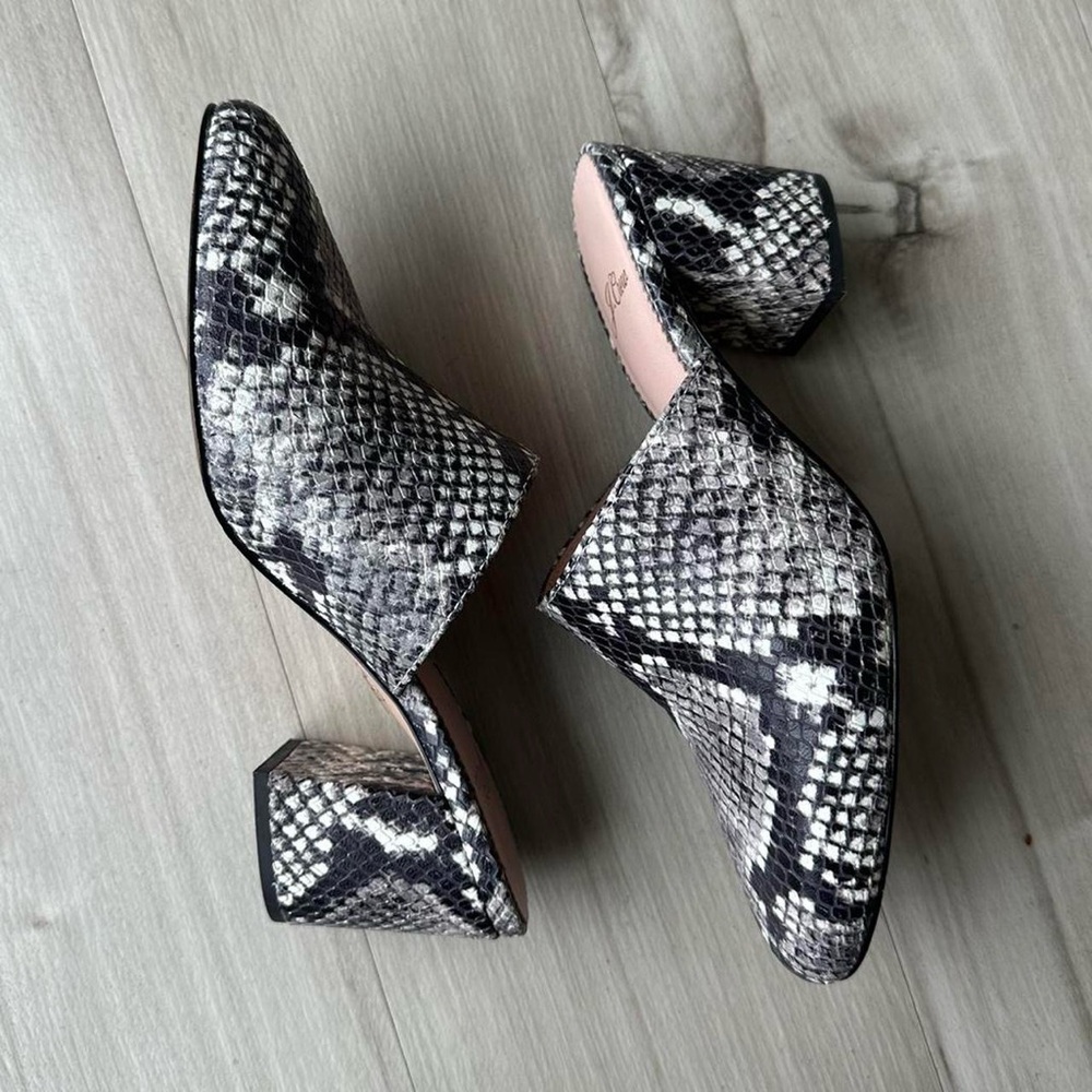j. crew leather snakeskin heeled mules